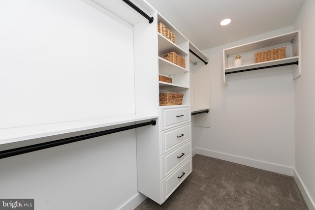 walk in closet featuring dark carpet