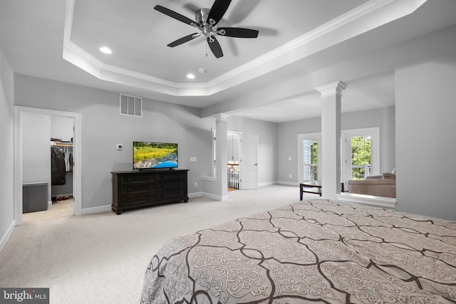 42438 Black Talon Ct, Leesburg, VA 20176 - bedroom featuring carpet, ornate columns, crown molding, a raised ceiling, and baseboards