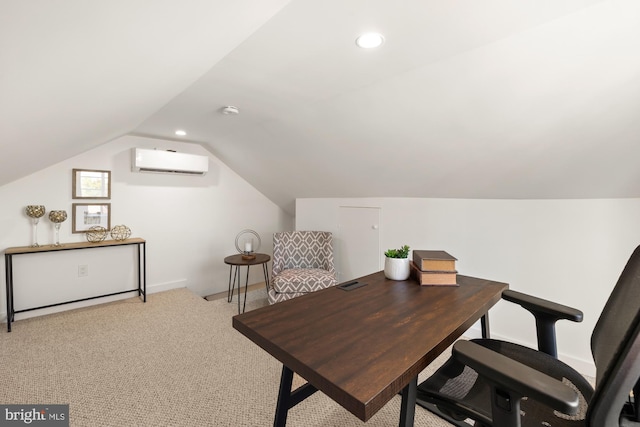 carpeted office space with an AC wall unit, recessed lighting, and vaulted ceiling