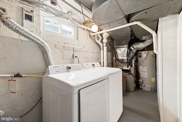 laundry room with washing machine and clothes dryer, laundry area, and water heater
