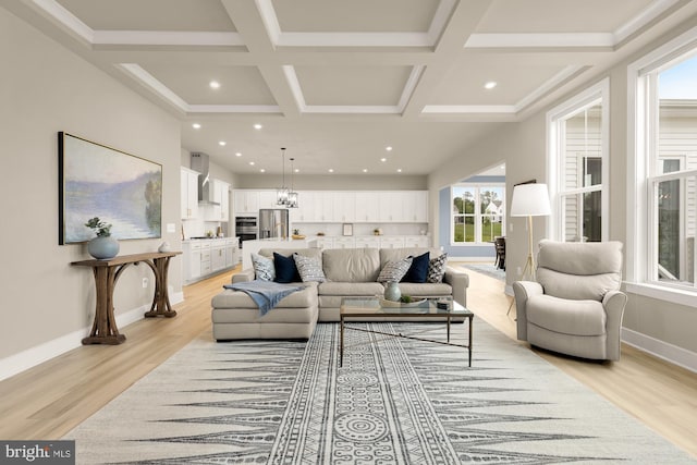 15613 Althea Ln, Gainesville, VA 20155 - living room featuring plenty of natural light, light wood-type flooring, coffered ceiling, beamed ceiling, and baseboards