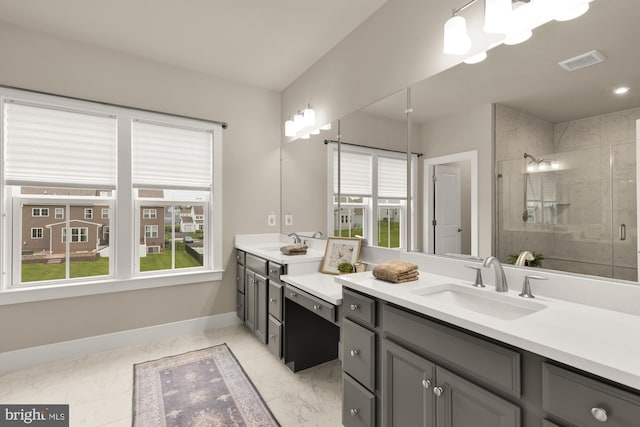 15613 Althea Ln, Gainesville, VA 20155 - full bathroom with vanity, a shower stall, baseboards, and marble finish floors
