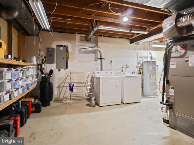 unfinished below grade area featuring electric panel, washer and dryer, heating unit, and electric water heater