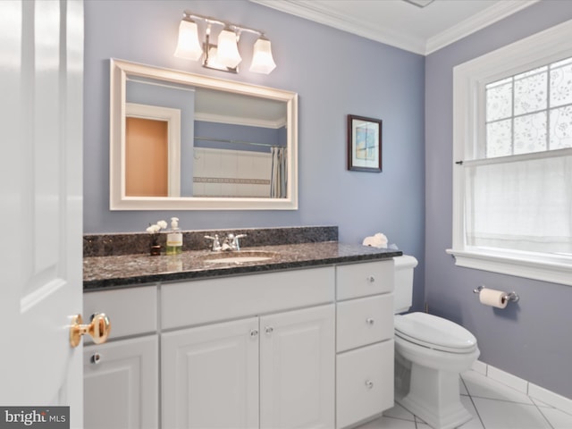 full bathroom with tile patterned flooring, toilet, vanity, crown molding, and baseboards
