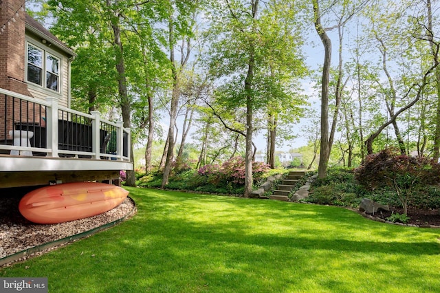 7228 Devereux Ct, Alexandria, VA 22315 - view of grassy yard with stairway and a wooden deck