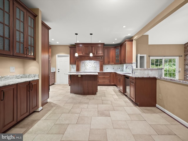 13148 Isle Of Mann Way, Highland, MD 20777 - kitchen with a sink, tasteful backsplash, a kitchen island, dishwasher, and glass insert cabinets