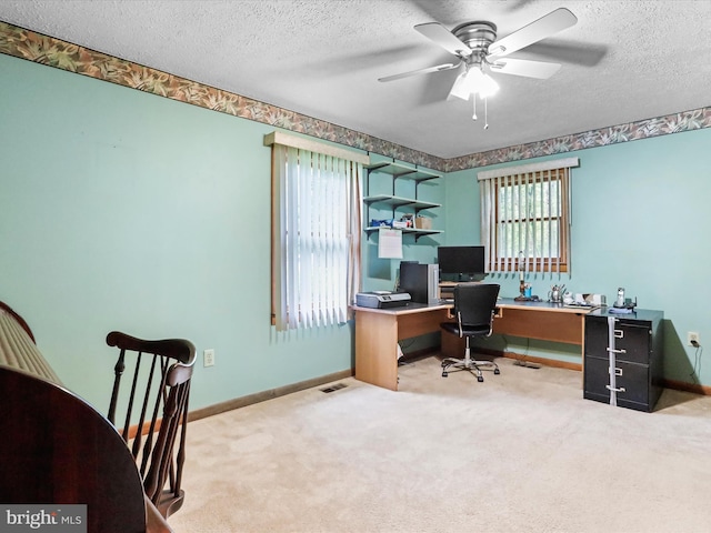 427 Oak Dale Ct, Capon Bridge, WV 26711 - office area featuring a textured ceiling, baseboards, ceiling fan, and carpet floors