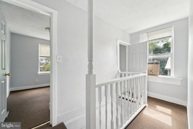 1714 Abbotston St, Baltimore, MD 21218 - hall featuring a textured ceiling, carpet floors, an upstairs landing, and baseboards