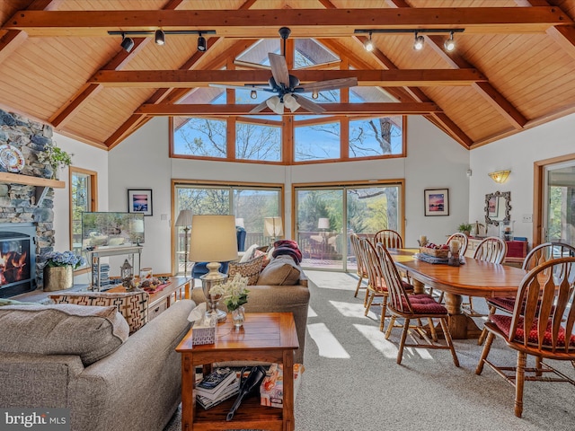 carpeted living area featuring wooden ceiling, rail lighting, and beam ceiling