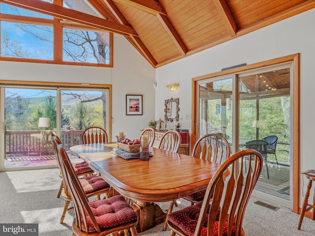 carpeted dining room featuring wooden ceiling, high vaulted ceiling, beamed ceiling, and visible vents
