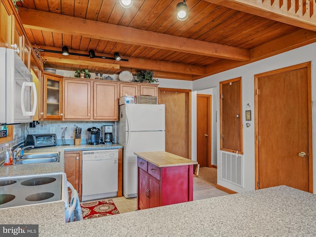 kitchen with white appliances, visible vents, wooden ceiling, and tasteful backsplash