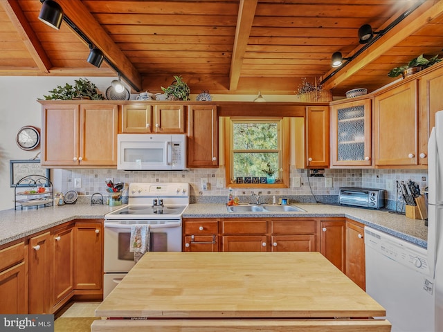 kitchen with white appliances, wood ceiling, beam ceiling, and a sink