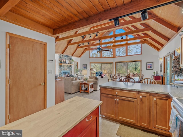 kitchen with wood ceiling, ceiling fan, white electric stove, and beam ceiling