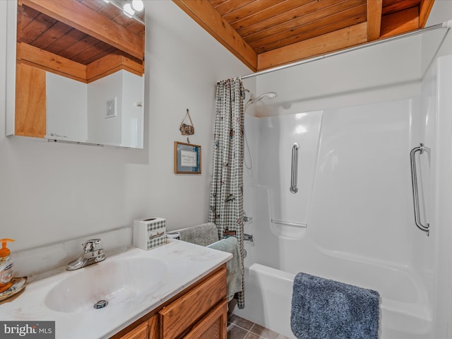full bath featuring vanity, shower / bathtub combination with curtain, tile patterned flooring, and wooden ceiling