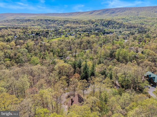 bird's eye view with a forest view and a mountain view
