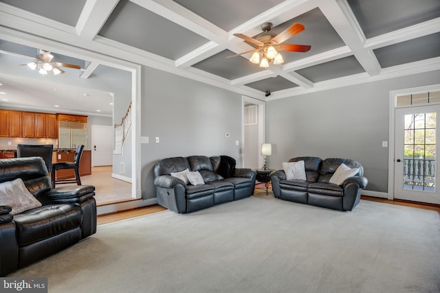 6041 Clairemont Dr, Owings, MD 20736 - living room featuring crown molding, a ceiling fan, coffered ceiling, beam ceiling, and recessed lighting