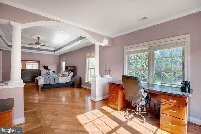 6041 Clairemont Dr, Owings, MD 20736 - bedroom with arched walkways, visible vents, crown molding, and ornate columns