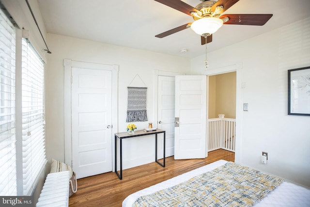 bedroom featuring ceiling fan and wood finished floors
