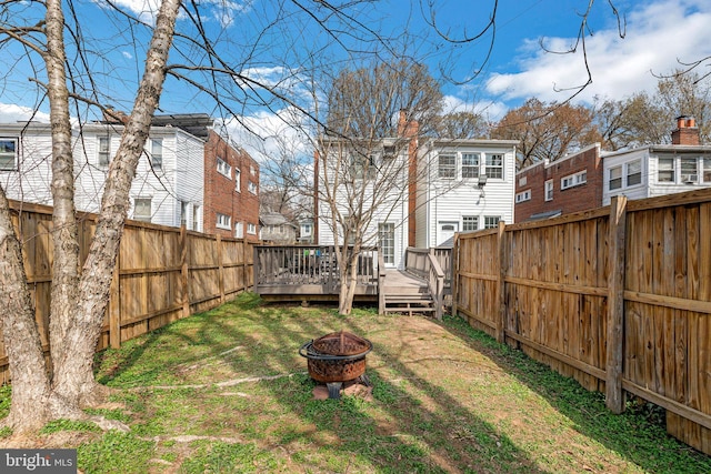 view of yard with a fenced backyard, a residential view, an outdoor fire pit, and a deck