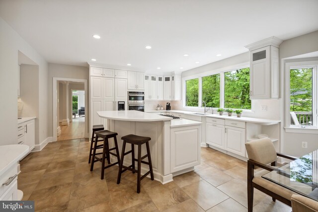 6530 Heather Brook Ct, Mclean, VA 22101 - kitchen with a breakfast bar, light countertops, white cabinetry, a sink, and stainless steel appliances