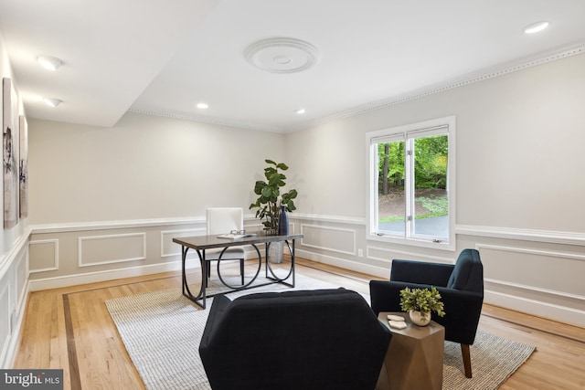 6530 Heather Brook Ct, Mclean, VA 22101 - home office with crown molding, wainscoting, and light wood-style flooring