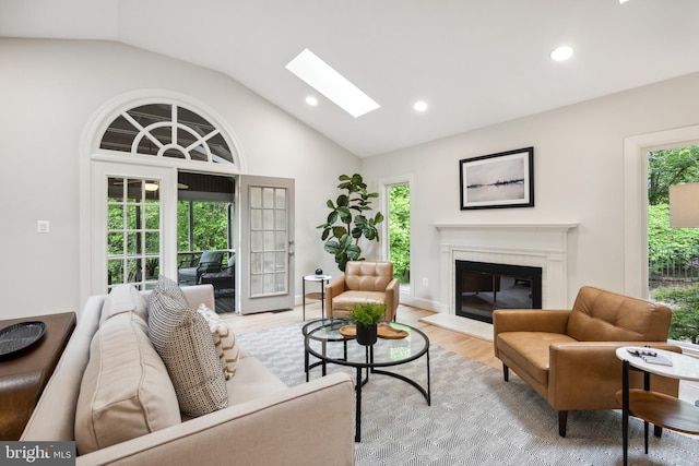 6530 Heather Brook Ct, Mclean, VA 22101 - living room featuring a skylight, a glass covered fireplace, plenty of natural light, and light wood finished floors