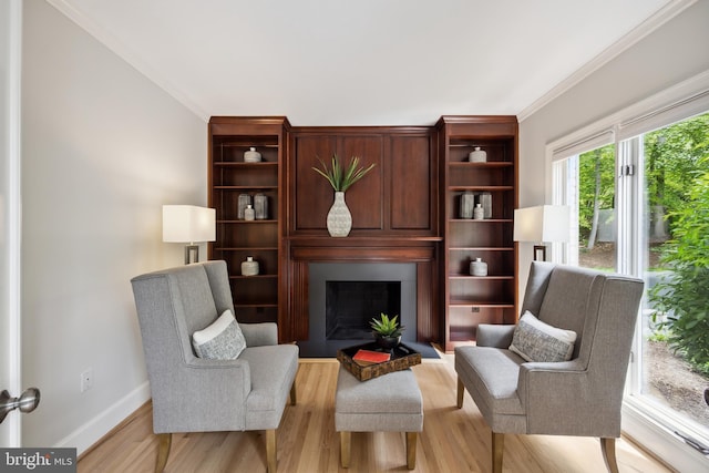 6530 Heather Brook Ct, Mclean, VA 22101 - living area with baseboards, ornamental molding, light wood finished floors, and a fireplace