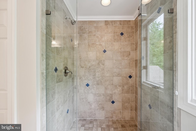 6530 Heather Brook Ct, Mclean, VA 22101 - bathroom with ornamental molding and a shower stall