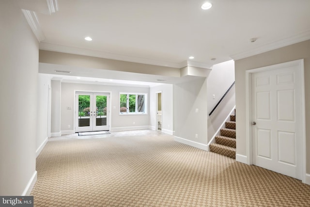 6530 Heather Brook Ct, Mclean, VA 22101 - unfurnished living room featuring crown molding, recessed lighting, and light colored carpet