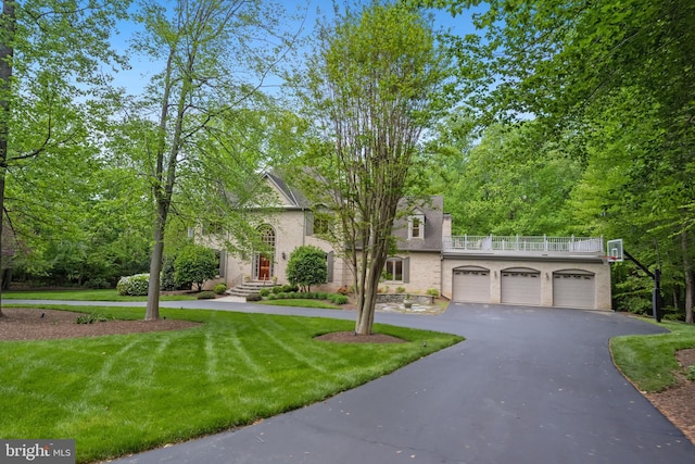 6530 Heather Brook Ct, Mclean, VA 22101 - view of front of property featuring a garage, driveway, a balcony, and a front lawn