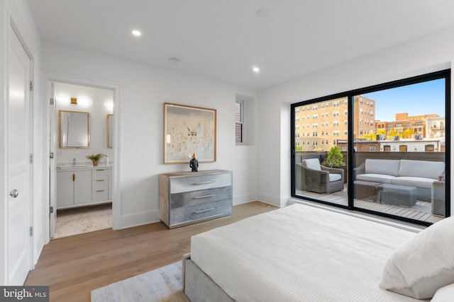 bedroom with baseboards, access to outside, recessed lighting, and light wood-style flooring