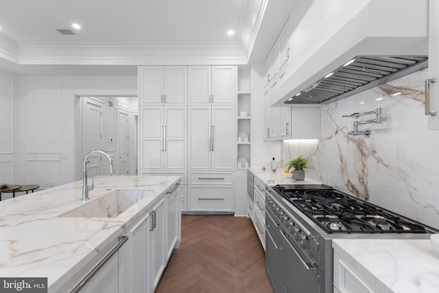 kitchen featuring a sink, gas stove, extractor fan, and ornamental molding