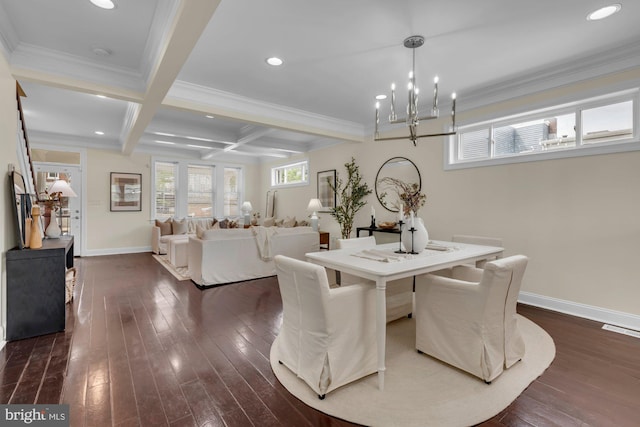 dining room featuring a chandelier, visible vents, beamed ceiling, and dark wood-style flooring