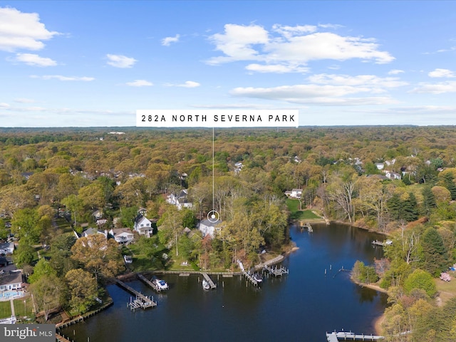 birds eye view of property featuring a water view and a wooded view