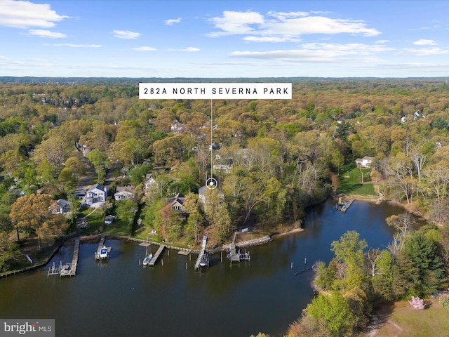 drone / aerial view with a water view and a wooded view