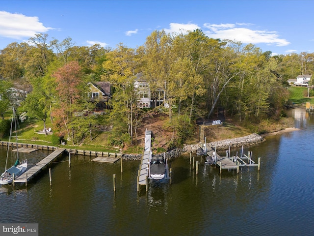 dock area with a water view and boat lift