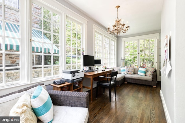 office featuring dark wood-style flooring and a notable chandelier