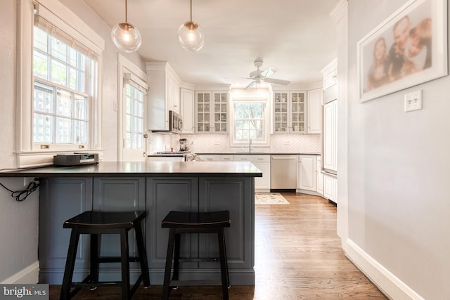 kitchen featuring plenty of natural light, white cabinetry, a peninsula, and stainless steel appliances