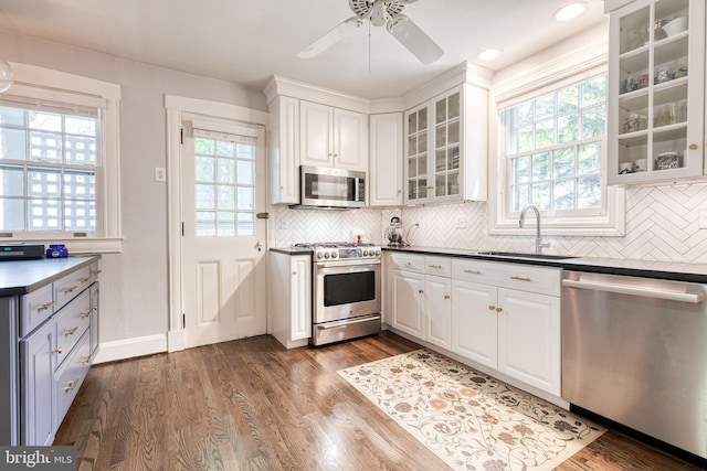 kitchen with stainless steel appliances, plenty of natural light, a sink, and white cabinetry