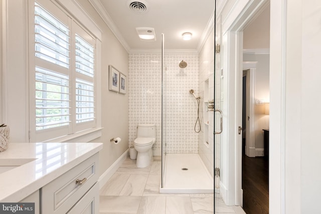 bathroom with visible vents, crown molding, a stall shower, vanity, and toilet