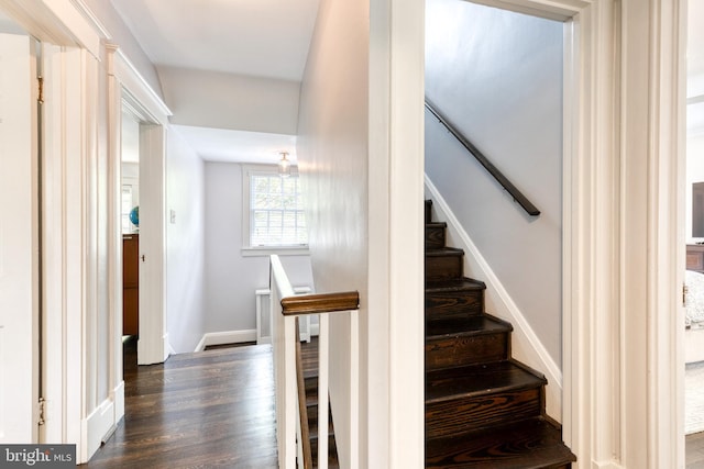 stairway featuring baseboards and wood finished floors