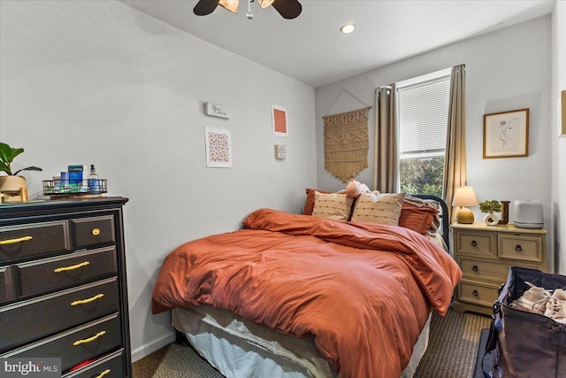carpeted bedroom featuring recessed lighting and a ceiling fan