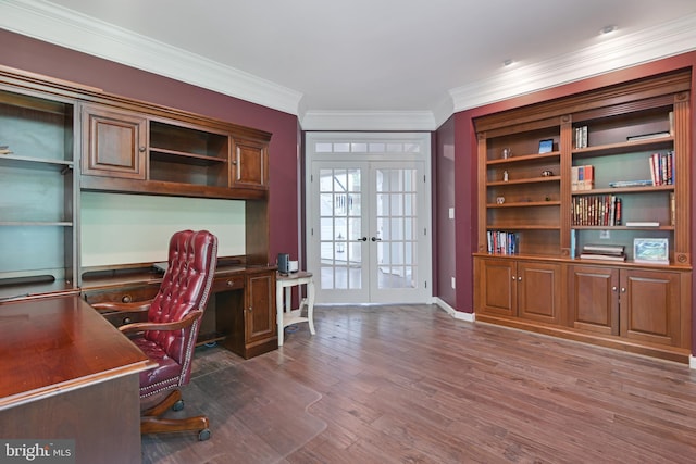 office area featuring baseboards, ornamental molding, dark wood-style floors, and french doors