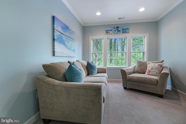 carpeted living area featuring crown molding, recessed lighting, baseboards, and visible vents