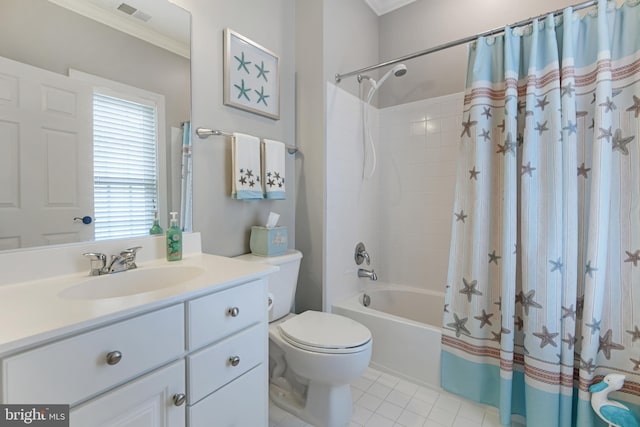 full bathroom featuring visible vents, tile patterned floors, vanity, toilet, and shower / tub combo with curtain