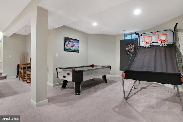 recreation room featuring carpet floors, recessed lighting, and baseboards