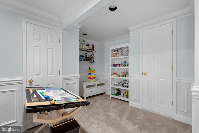 recreation room with wainscoting, carpet floors, crown molding, and a decorative wall