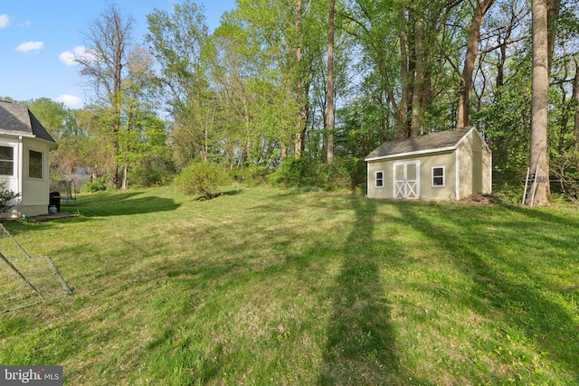 view of yard with an outdoor structure and a storage shed