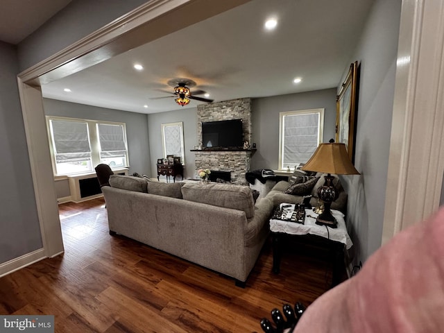 766 President, Lawrenceville, NJ 08648 - living area with ceiling fan, a fireplace, baseboards, dark wood-style flooring, and recessed lighting