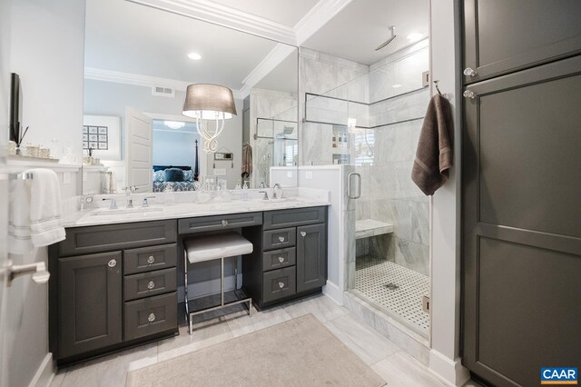full bathroom with a shower stall, crown molding, connected bathroom, double vanity, and visible vents